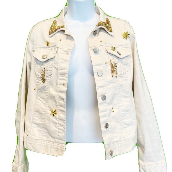 Handmade Upcycled Disney Jean Jacket sz S Sequin Embellished Mickey Denim Gold - Picture 7 of 10